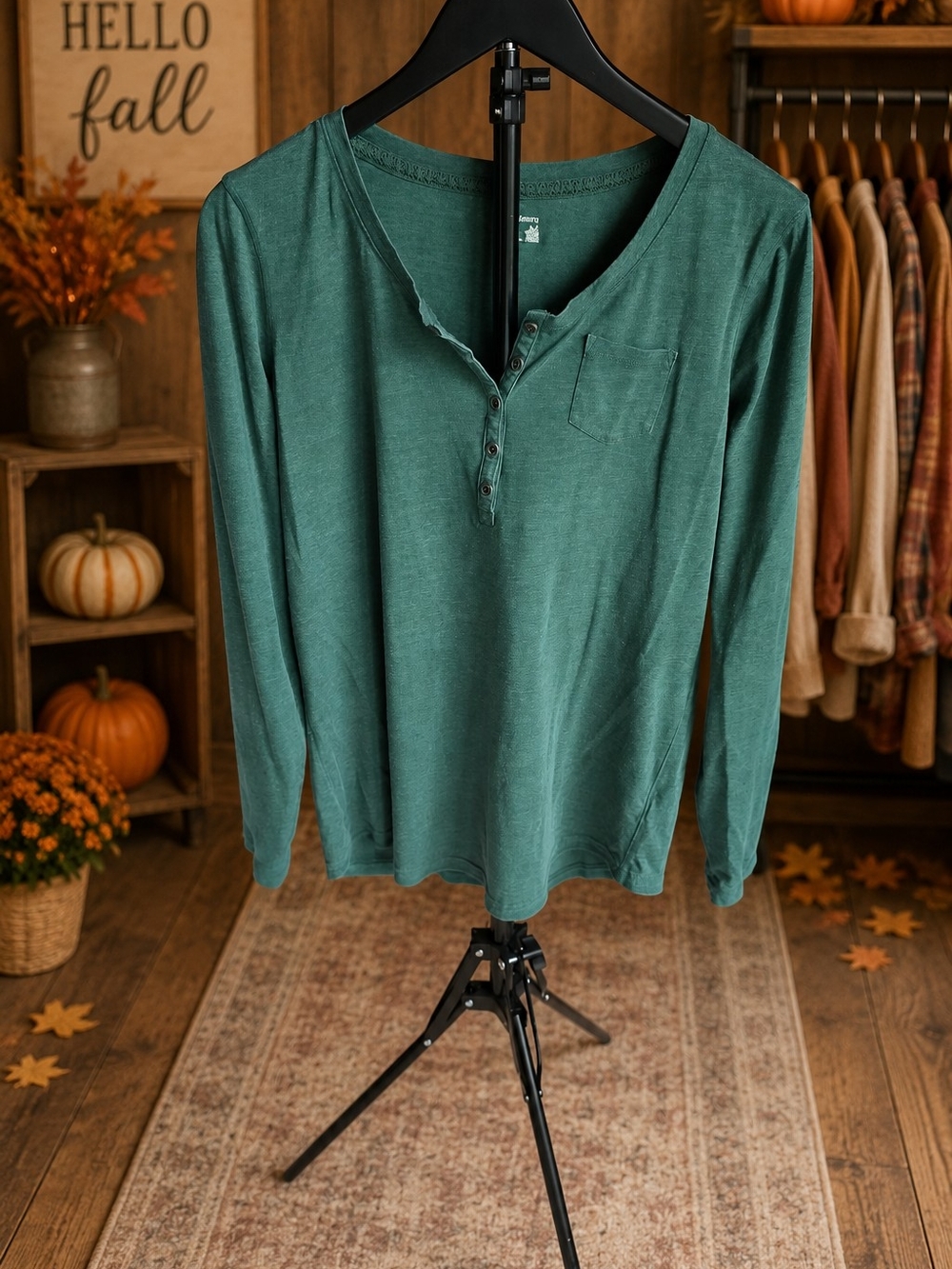 Ruff Hewn Women's V-Neck Long-Sleeve Henley Shirt - Forest Green, Size L